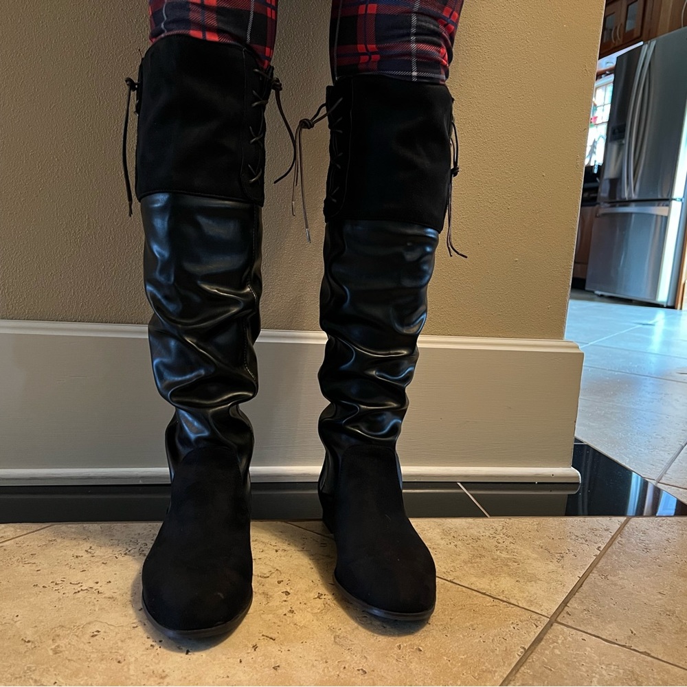 Black flat knee high faux leather boots, side decorative lace up, back zipper